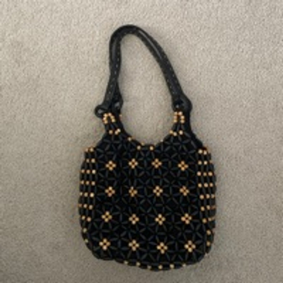 Nine West Handbags - Boho Women's Nine West Beaded Handbag Small Black Beige Y2K -2000